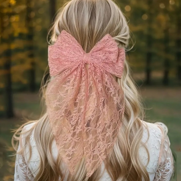 Pink Lace Hair Bow Barrette Accessory - Picture 9 of 9